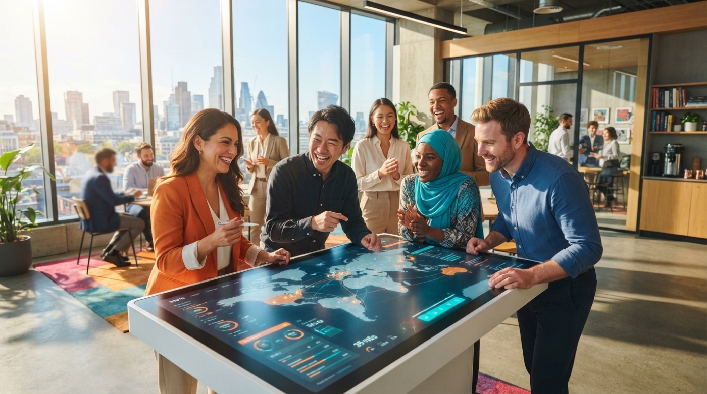 Illustrative image: an international team planning market launches around an interactive world map